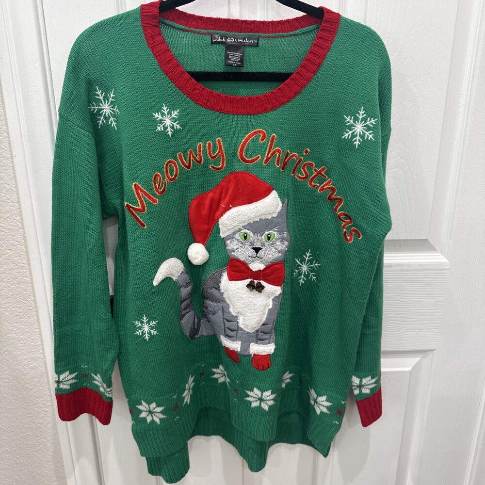 Ugly Holiday Christmas Sweater Santa Cat Meowy Green Women’s Plus Size 1X